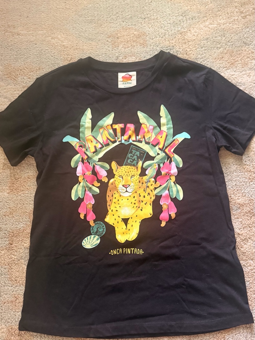 FARM Rio Black Tee with Colorful Jaguar and Tropical Print Small